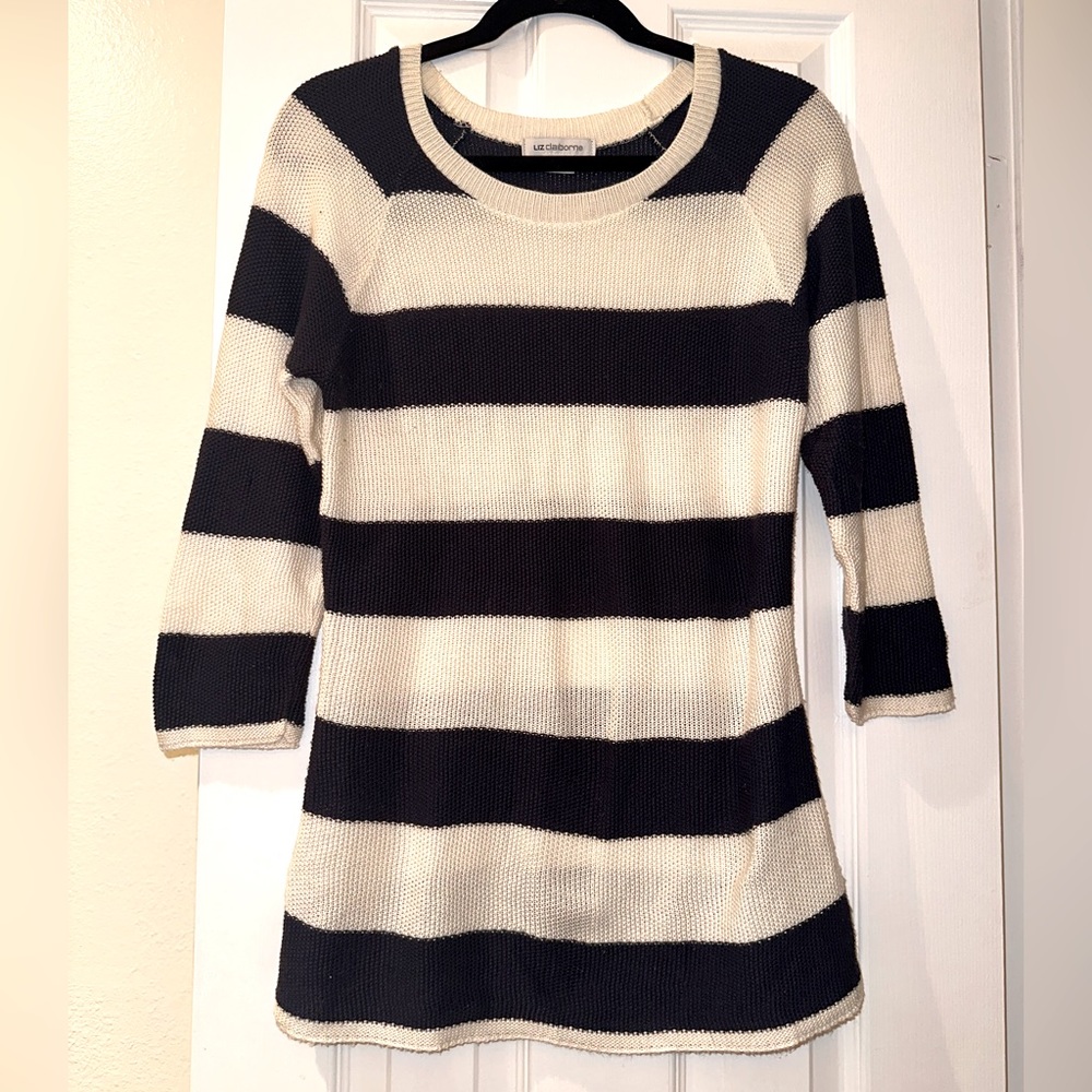 Navy and white striped 3/4 length sleeve sweater